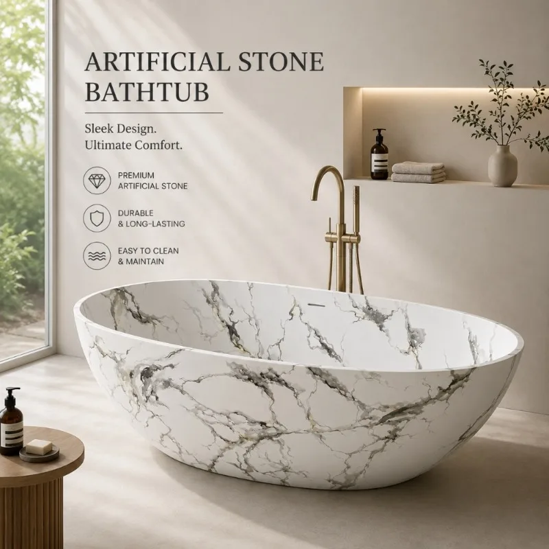 Modern Solid Surface Freestanding Bathtub Oval Soaking Tub Artificial Stone Standalone Bath For Hotel Villa Spa Custom OEM