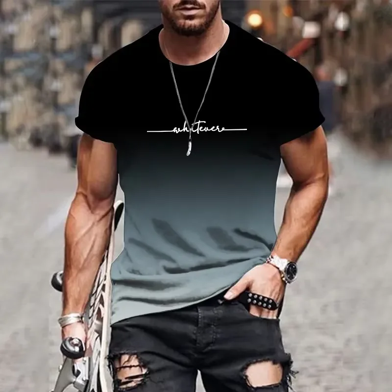 2026 New Men's Gradient Letter Printed Comfortable Breathable Round Neck T-Shirt for Outdoor and Street Fashion Wear