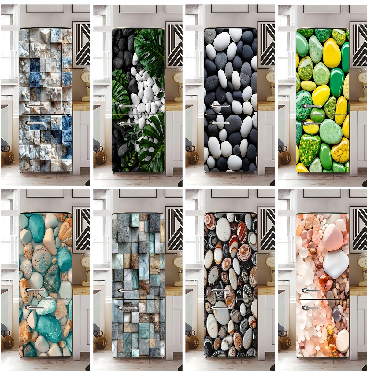 3D Marble Stone Fridge Sticker Waterproof Self-adhesive Peel and Stick Refrigerator Cover Decal Kitchen Modern Kitchen Decor Art