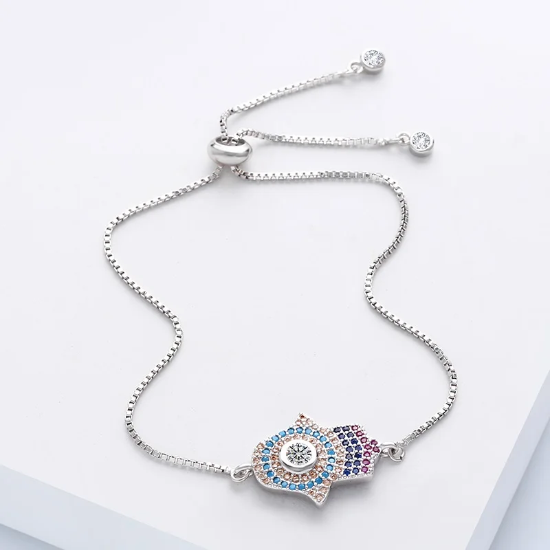 OCESRIO Cubic Zirconia Lucky Hand of Fatima Hamsa Evil Eye Bracelet Adjustable Charm Bracelet for Women Fashion Jewelry brt-a08
