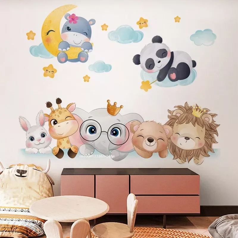 Cute Bear Star Cloud Wall Stickers for Kids Rooms Girls Boys Baby Room Bedroom Decoration Kawaii Cartoon Animal Wallpaper PVC