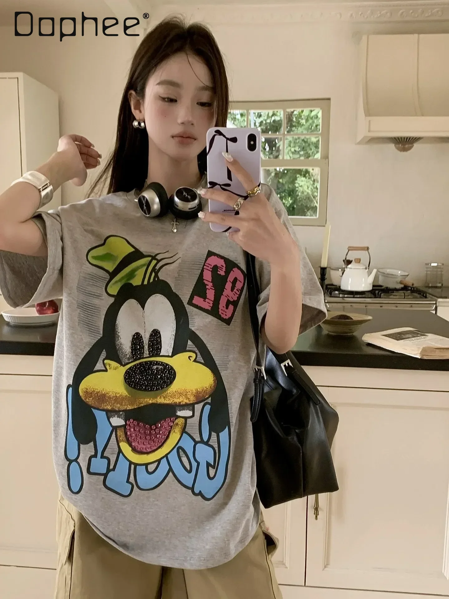 

Cartoon Short-sleeved T-shirt 2025 New Loose Mid Length Half-sleeved Top Diamond Printed Crew Neck Loose Casual T-Shirt Y2k Top