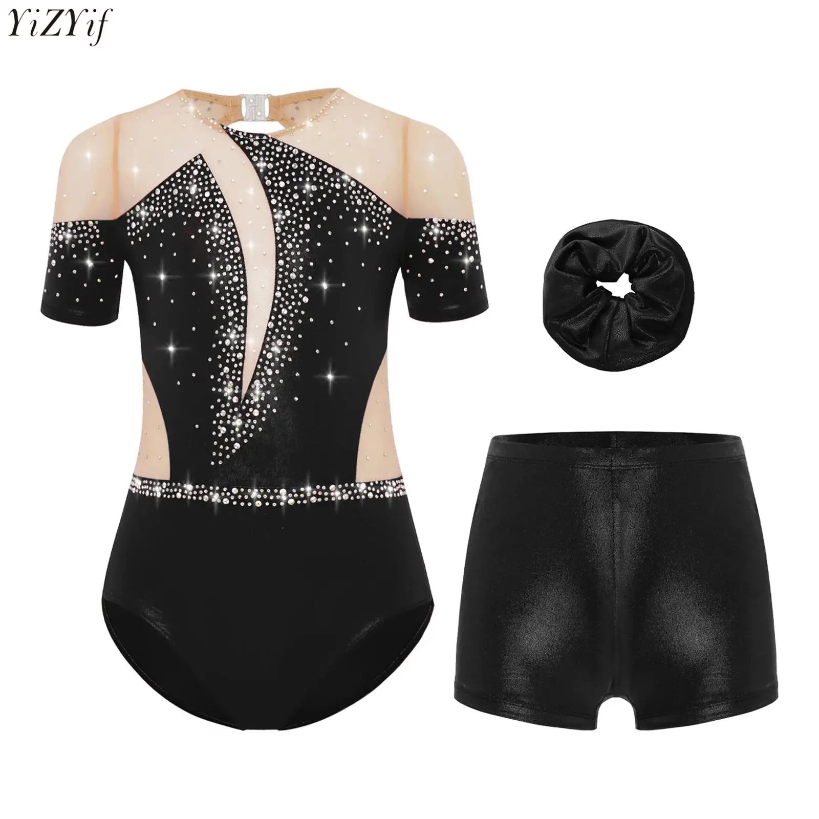 

Kids Girls Gymnastics Figure Skating Dance Outfit Short Sleeve Sheer Mesh Rhinestones Bodysuit+Shorts+Hairband Ballet Leotard