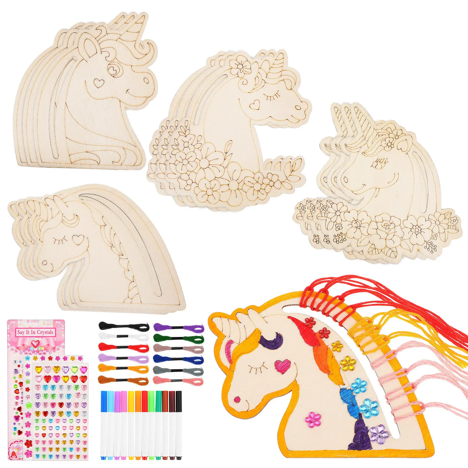 1Set Unicorn Painting Kit Blank Wood Cutouts Wooden Craft Kit Unfinished Unicorn Decorations Kids Creative Ornament Painting