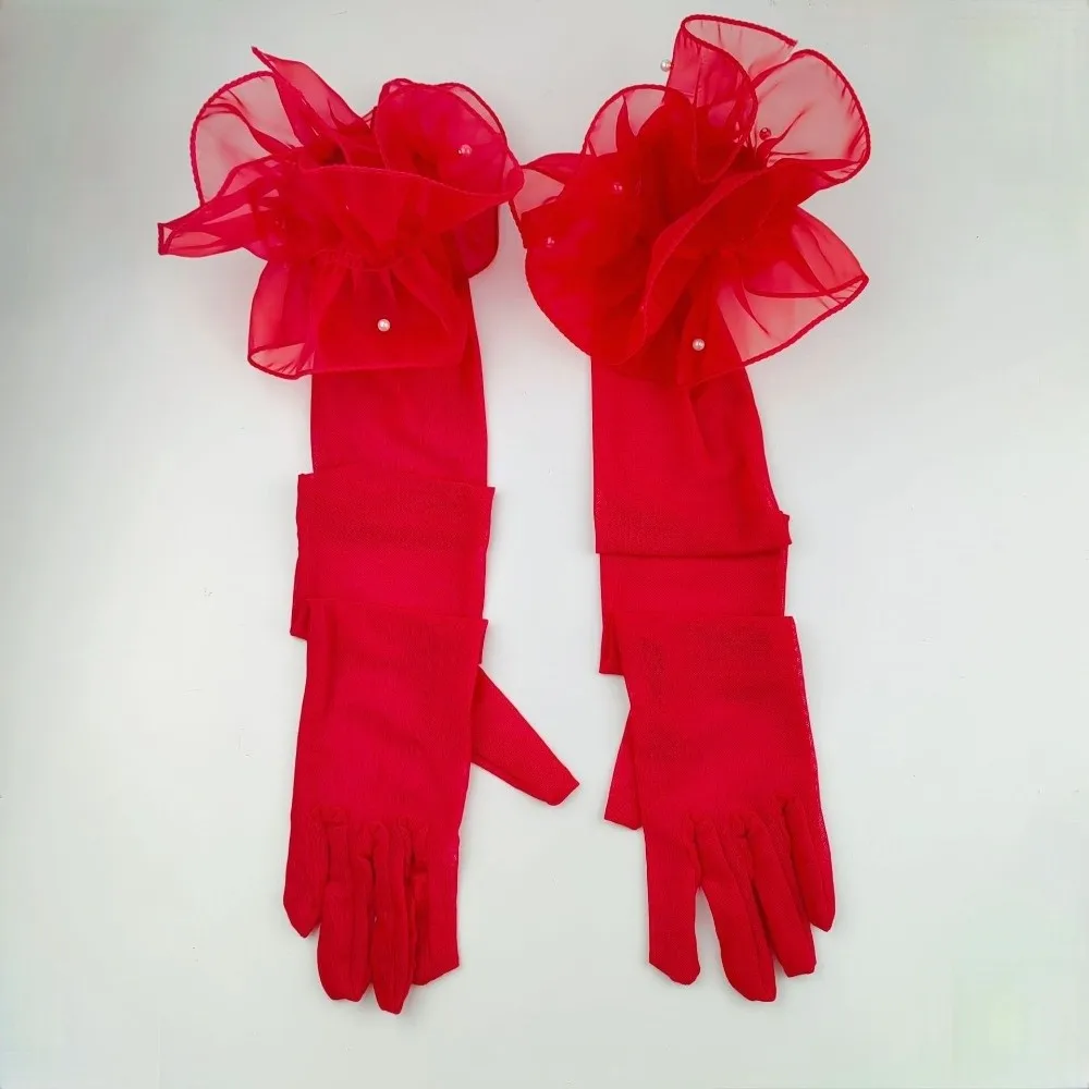 Creative Black Silk Long Gloves Perspective Lace Pearl Etiquette Gloves Sunscreen Sleeves Women