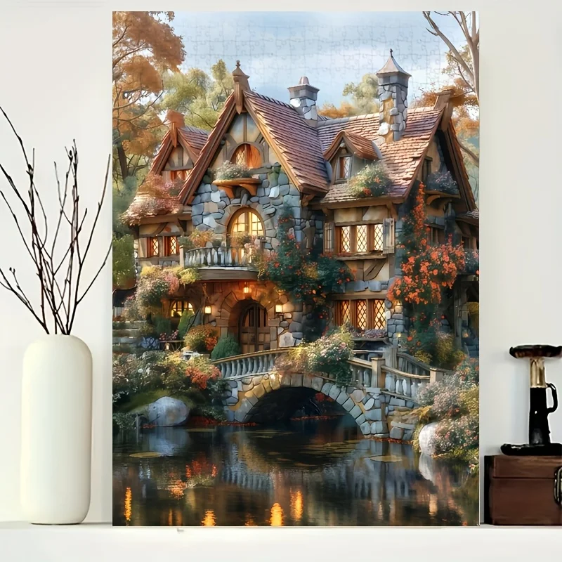 1000 قطعة من أحجية الصور المقطوعة من Lakeside Cottage - دعابة الدماغ التي تحديها بنفسك للبالغين والعائلات، تصميم مستطيل أبيض مع Vib