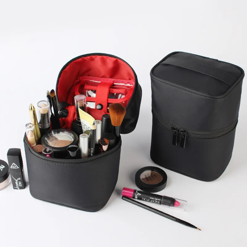 Organizador de maquillaje en forma de barril para mujer, neceser femenino con cremallera, caja de viaje, suministros de accesorios