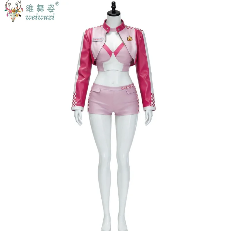 Halloween Princess Peach Cosplay Pink Motorcycle Racing Sets Woman Slim Crop Tops+Shorts Tracksuits Carnival Party Anime Outfit view 4