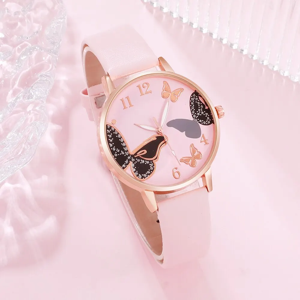 6PCS Set Women Butterfly Dial Watch Brand Design Female Clock Pink Leather Band Ladies Watches Fashion Casual Quartz Wristwatche