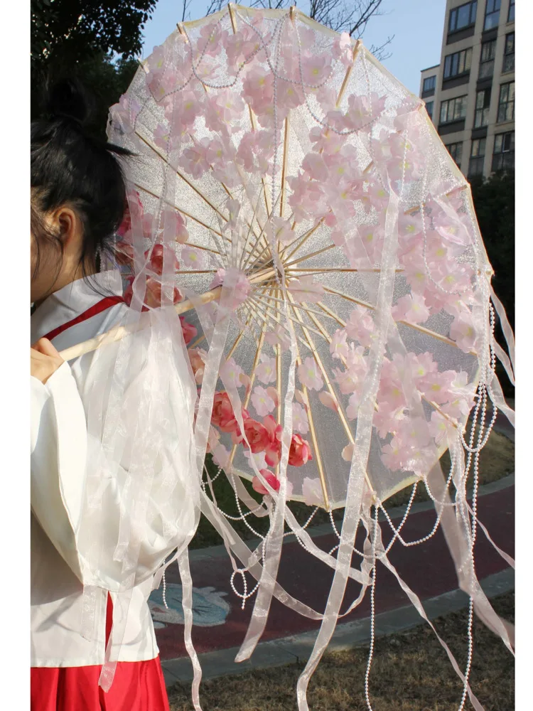 White Star Umbrella LED Yarn Silk Cloth Decorative Beach Parasol Lace Chinese Japan Craft Umbrella Party Cosplay Romantic