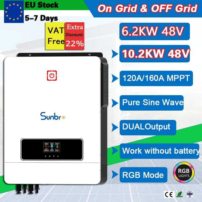 

10.2KW 48V On/Off Grid Built-in 160A MPPT 90-500VDC to 230VAC Dual Output Home Solar Inverter Support Wifi