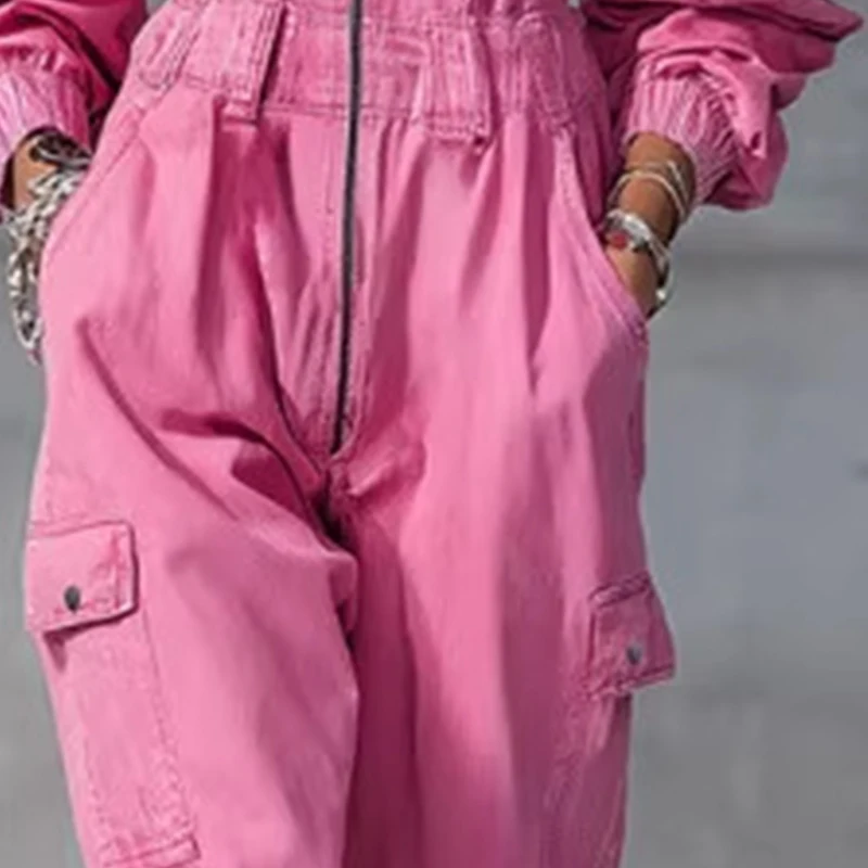 

Vintage Denim Jumpsuit Women Solid Zipper Off-shoulder High Waist Loose Cargo Pants Romper Long Sleeve Streetwear Romper