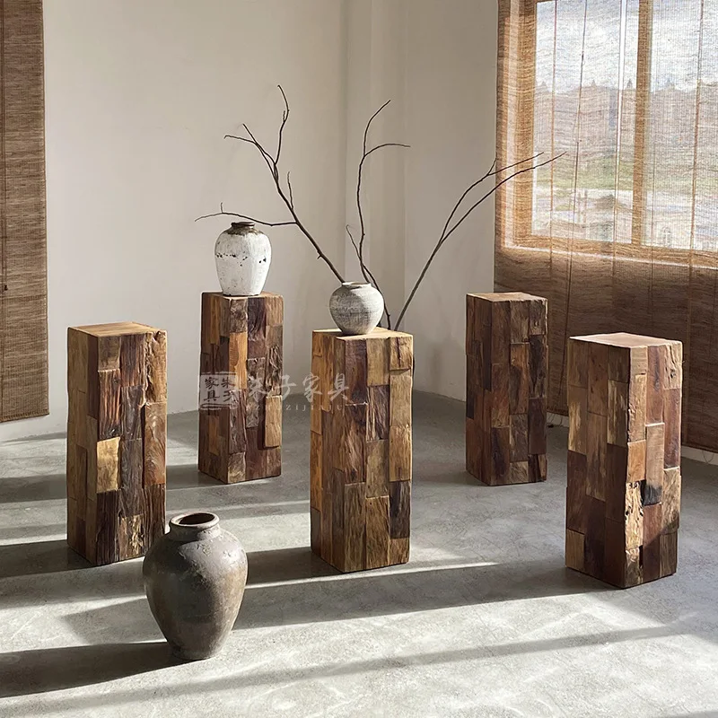 Wabi Shafeng Solid Wood Flower Stand Vase Shelf Homestay Home Mosaic Pile Space Ornament Square Wooden Pile