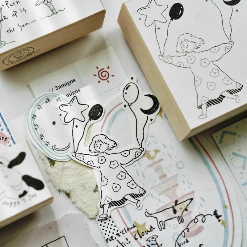 Lovely Balloon Girl Reading Boy Cats Wooden Rubber Stamp DIY Scrapbooking Photo Album Journal Material Wood Seal