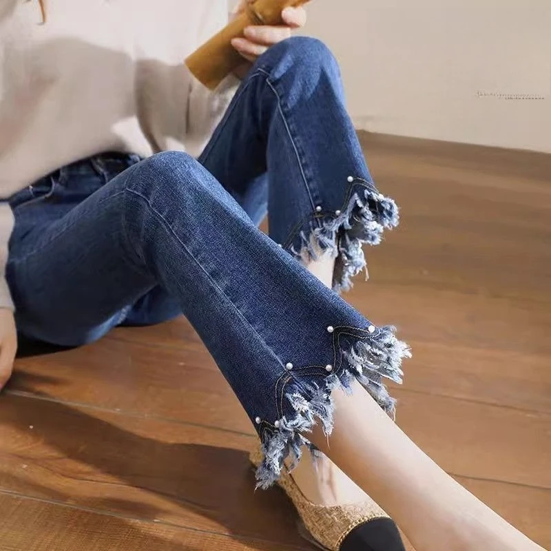 

High Stretch Tassel Skinny Jeans Women High Waist Beading Denim Pants Spring Autumn Women Cropped Pant Elegant Flare Jeans