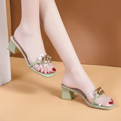 5cm Heel Shoes Fashion Chain Mules for Women Square Head Slip on Flip Flops Women Slipper Summer Sandal Women's Shoe Solid Slide