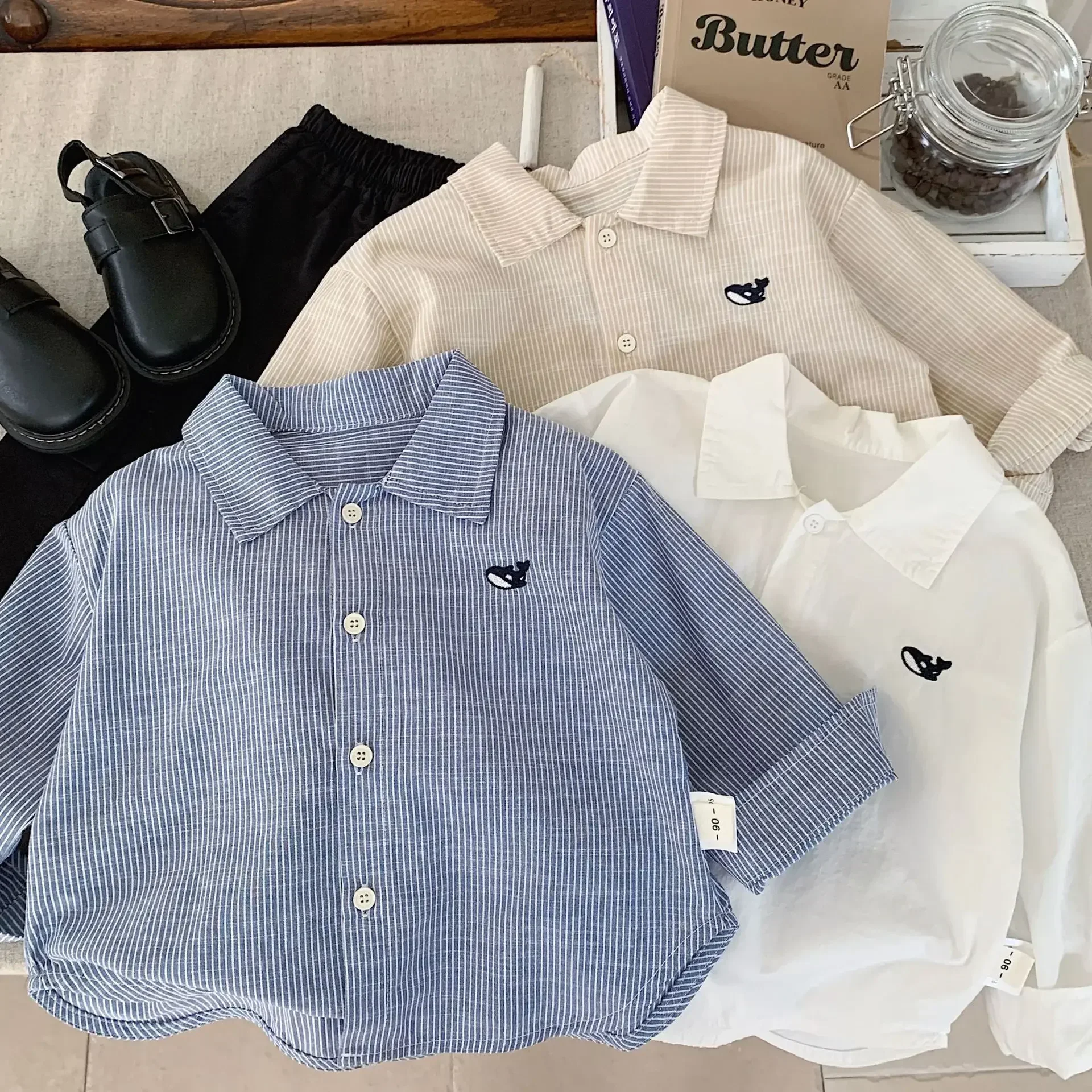 2026 Spring Korean Shirt 2-7Y Girls Boys Long Sleeve Shirt Children Cotton Loose Top Fish Embroidery Blouse Kids Autumn Clothes