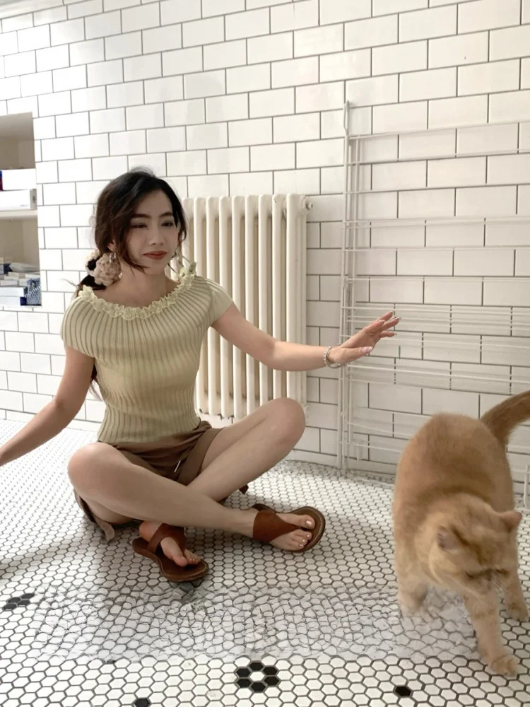 

Sicily ternoon Lace Trim Knot One oulder ort Knitted T-irt Women Slim Fit Top Korean Sle Commute Faion