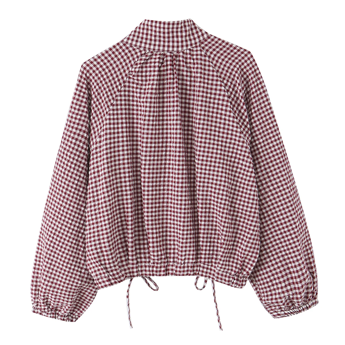 BSAY Neue Damenjacke im Gingham-Karo-Stil mit Stehkragen, langen Puffärmeln, Knopfleiste und Kordelzug am Saum, lässige, lockere Jacke im Karomuster. – Detail 6