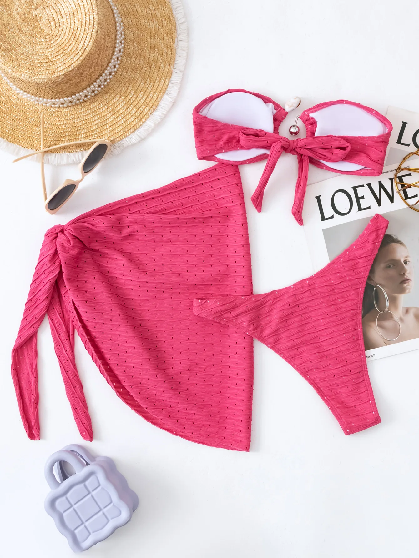 Seksowne komplety bikini bandeau, trzyczęściowe, z spódniczką, stringami, wiązane na plecach, strój kąpielowy, odzież plażowa, tankini, biquini.