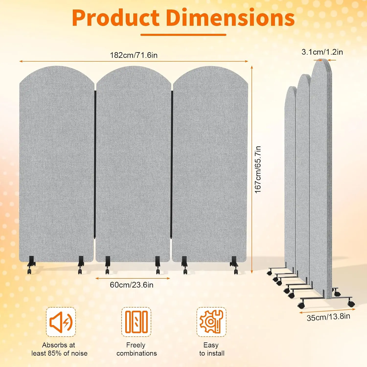3 Panel Office Partition Room Divider 72x66 Inch Acoustic Privacy Screen Portable Sound Absorbing Cubicle Wall Wheels Foldable T