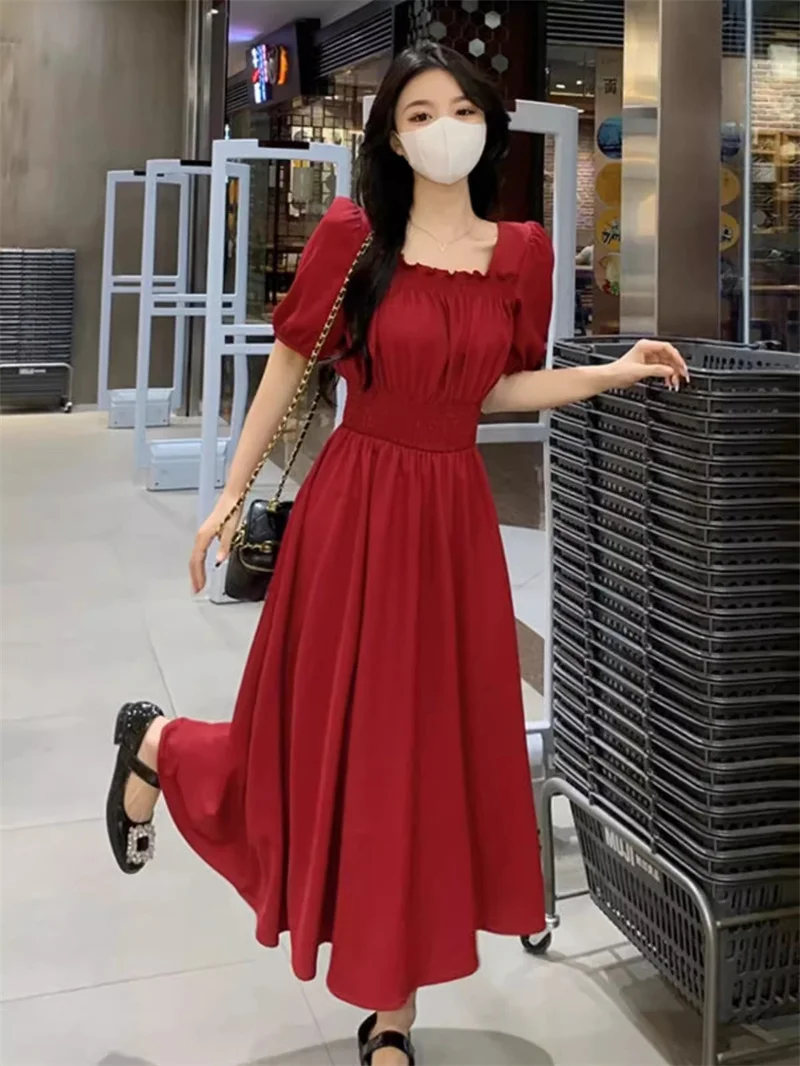 Women Clothing 2024 Summer New Slimming Temperament Age Reducing Foreign Style Dress Chubby Sister mm red Long Dress Solid Color