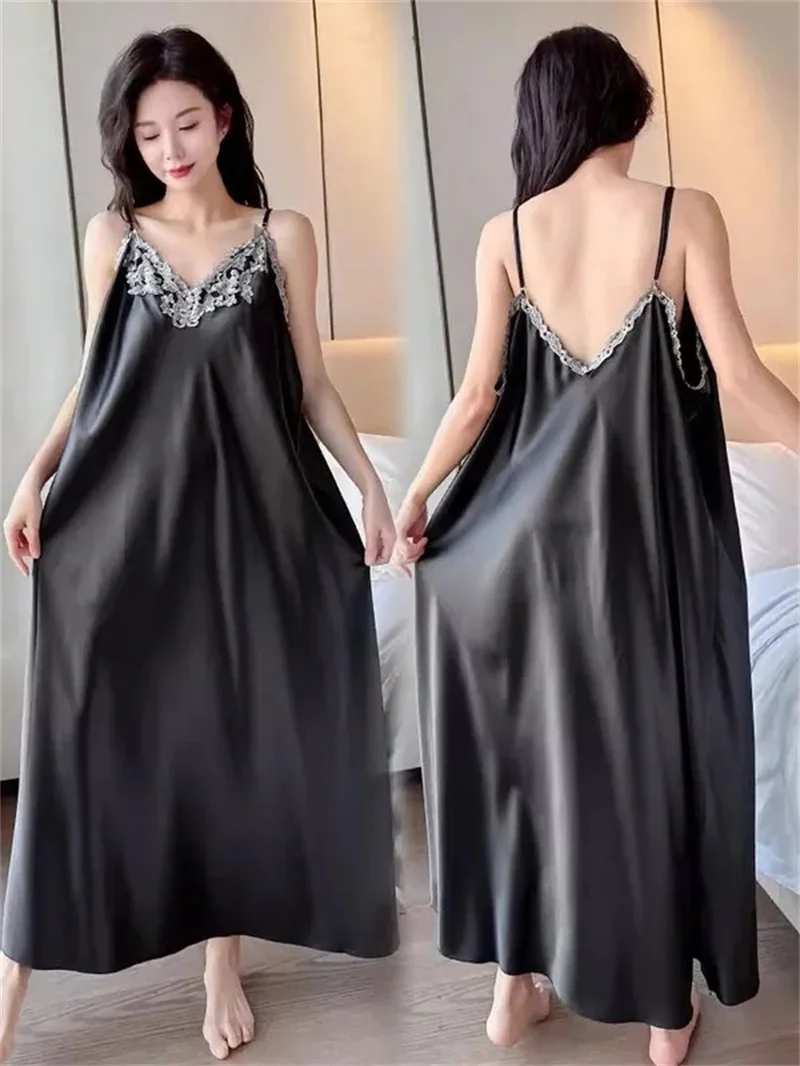 Large Sexy Night Dress Ice Silk Satin Sleepwear Female Nightgown Women Breathable Sleeping Pajamas Dresses Plus Size Night Shirt