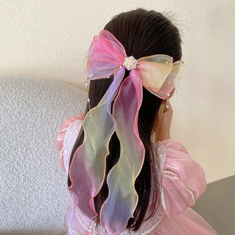Putri gadis dikepang jepit rambut mutiara rumbai jepit rambut gradien pita busur klip rambut anak Streamer tenun hiasan kepala hiasan kepala