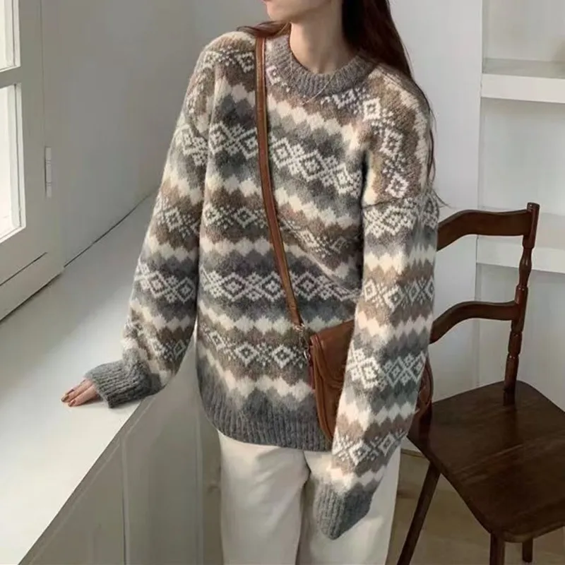

Autumn Winter New Style Korean Lazy Vintage Tassel Polyester Fiber Shirt Loose Knitted Sweater Women's round Neck Pullover