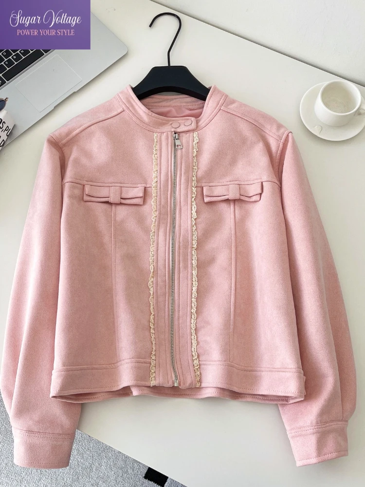 

Элегантная кружевная замшевая куртка в стиле пэчворк, женская осенне-зимняя приталенная куртка с круглым вырезом на пуговицах и длинным рукавом, свободное пальто, милый шикарный стиль