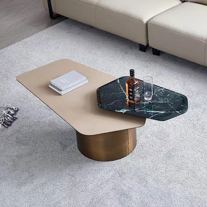 ld-Light Luxury Modern Living Room Saddle Leather Coffee Table Simple Irregular Shaped Marble Rotating Tea Table JKY-125#