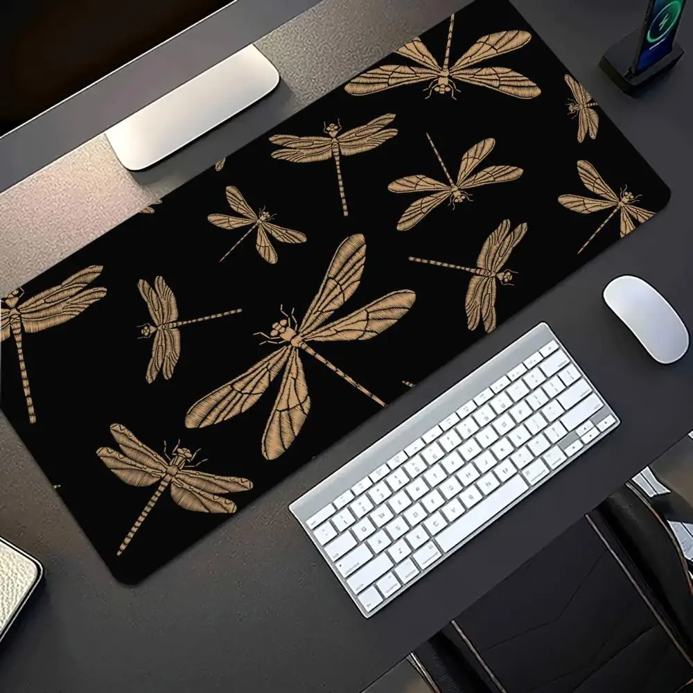 Golden Dragonfly Black Large Gaming Mouse Pad Desk Mat Non Slip Rubber Stitched Edge Smooth for Gamer Home Laptop Office Desk