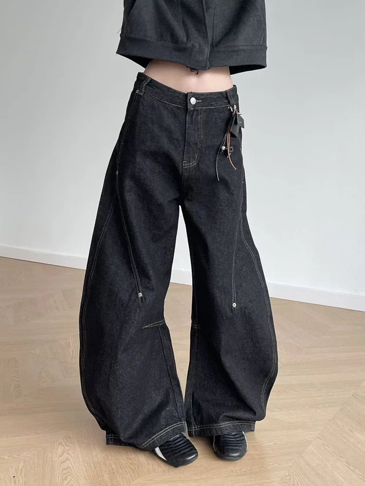 

2022, японские стильные черные заклепки, мешковатые женские джинсы, брюки, женская одежда, широкие повседневные хлопковые длинные брюки