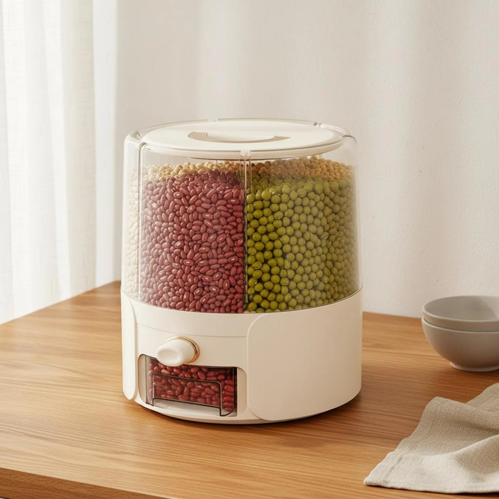

Rotating Grain Storage Container Pull-out Drawer Rotating Grain Bin 6 Compartment Rice Dispenser Transparent Upper Section