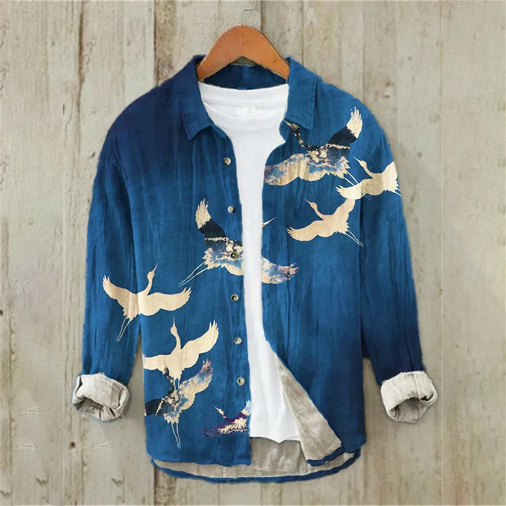 Camisa de manga larga para hombre Camisa de lino Japonés Retro Crane Ukiyo-e Fashion Street Ropa de talla grande para hombre