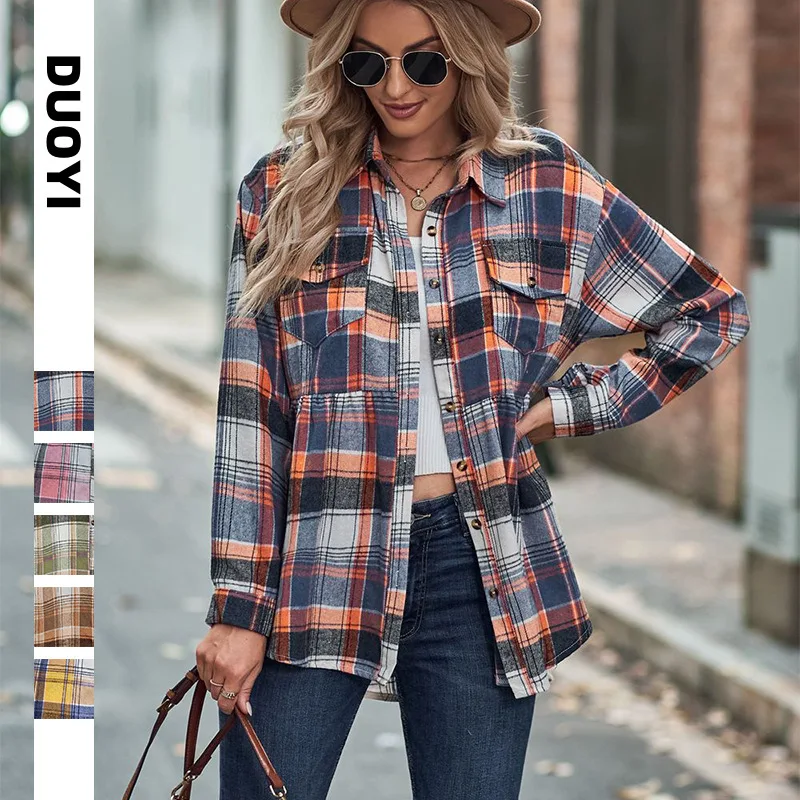 

2025 Women's Tops Autumn and Winter New Arrival Lapel Long Sleeve Pocket Casual Plaid Shirt Blouse Women