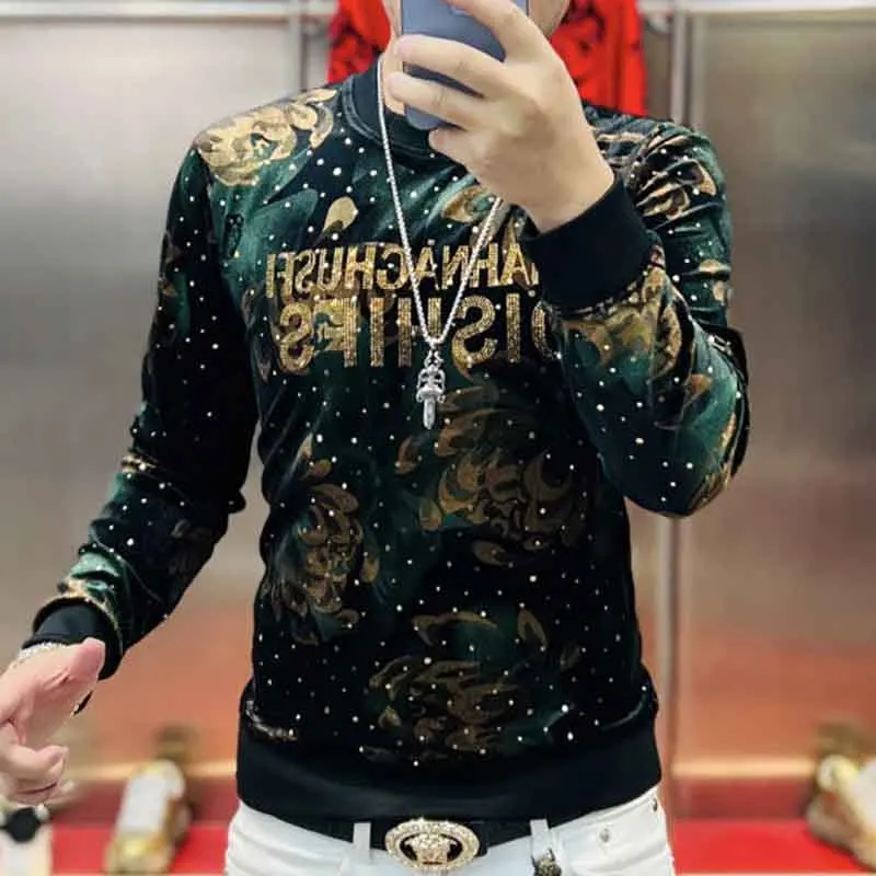 New Autumn High-end European Men's Long Sleeve Sweater Velvet Australian Velvet Gold Hot Diamond High-end Round Neck Sweater