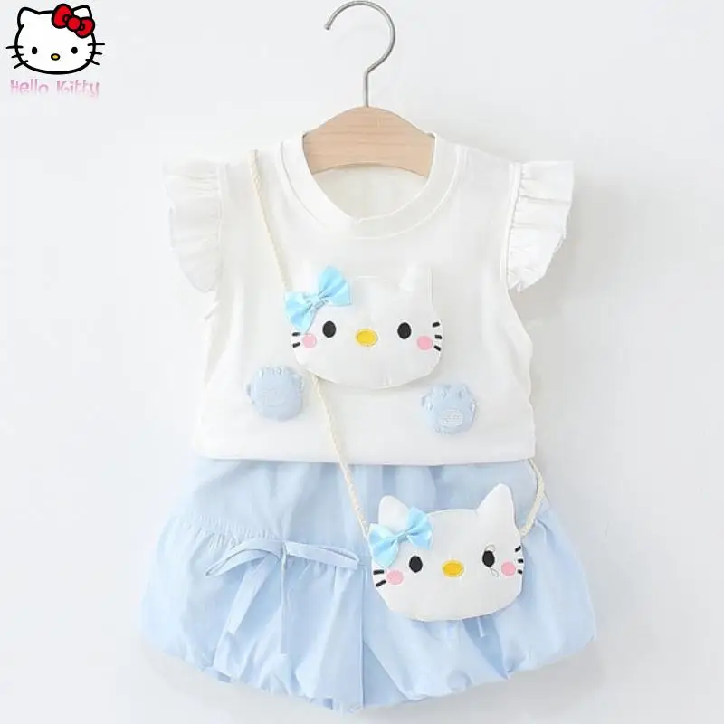 

Hello Kitty New Girls' Cartoon Short Sleeved T-Shirt Summer Children's Kawaii Anime Fashion Tops Flower Bud Shorts Set