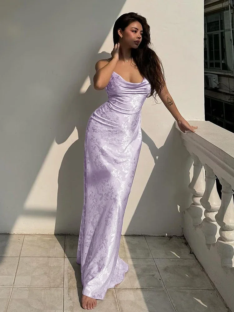 2024 Floral Spaghetti Strap Maxi Dress Sexy Backless Jacquard Dresses Women Elegant Clothes Evening Party Birthday Y2K