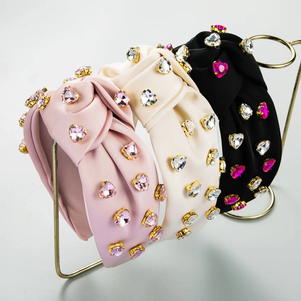 

Sweet Pink Heart Shaped Crystal Knotted Headband Soft Satin Glossy Hair Hoop For Women Girls Romantic Date Hair Accessory