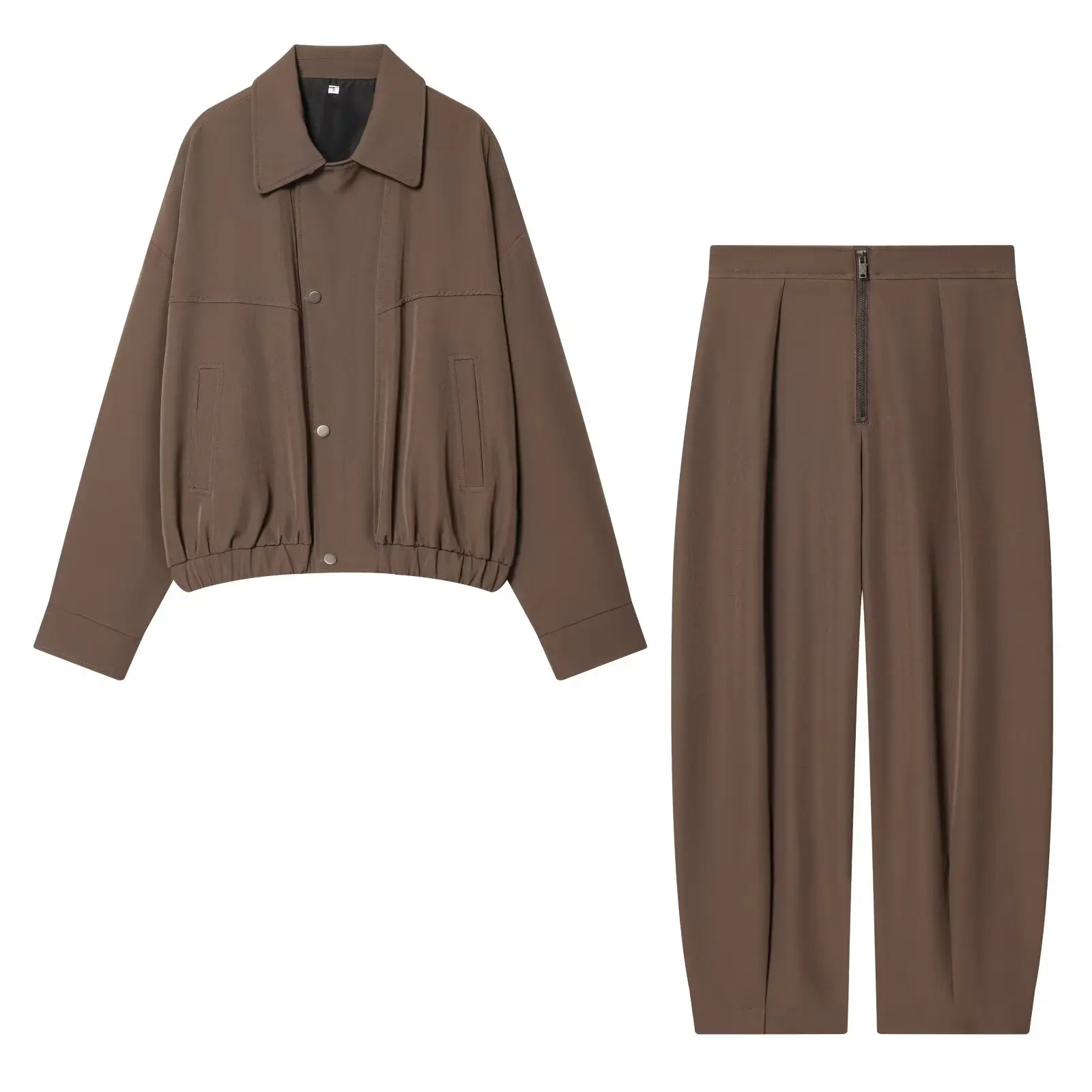 BSAY Korean Minimalist Matching Set Women Lapel Cropped Jacket High Waist Front Zip Wide Leg Pants Daily Office Casual Outfit