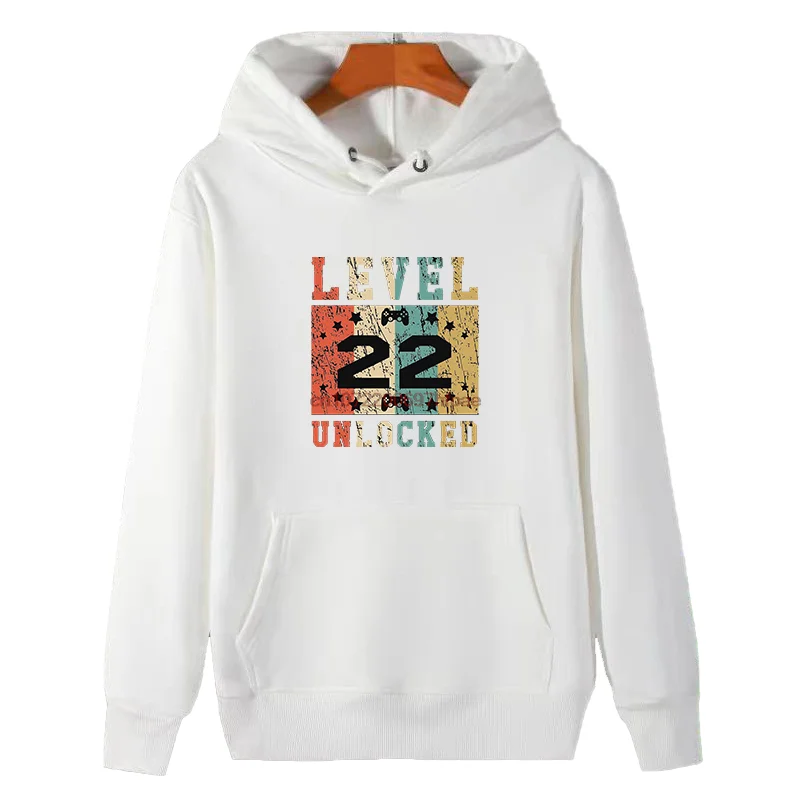 Level 22 (Twenty Two) Unlocked Funny Retro Video Games Graphic Hooded Sweatshirts Winter Thick Sweater Hoodie Male Clothes
