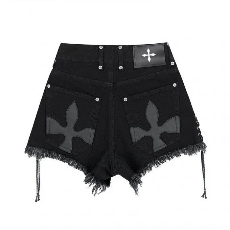 2023 European and American Lace Ragged Cross Pattern Sweet Cool Dark Black Denim Shorts Women Wear Large, Fat, mm Style Outside