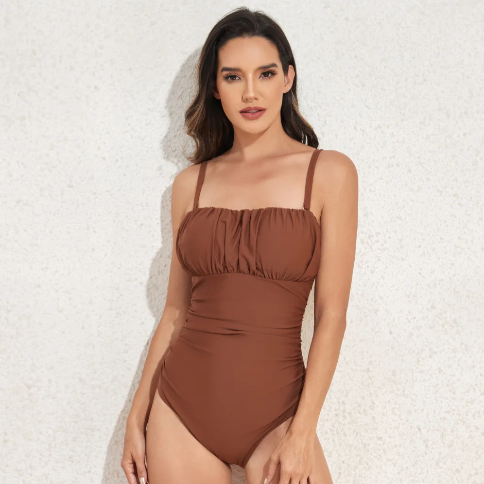2025 New Fashion One-piece Chest Wrinkle and Thin  Detachable Shoulder Strap European and American Swimsuit Women