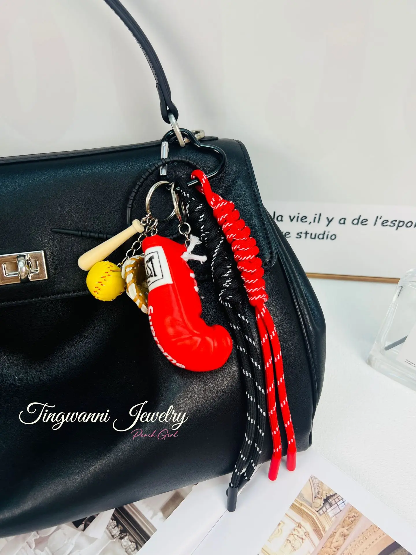 Fashion Rugby Player Key Chain Pendant Stylish, Boxing Gloves Braided Hand-Woven Rope Bag Pendant, Miu Style Girls Bag Charm