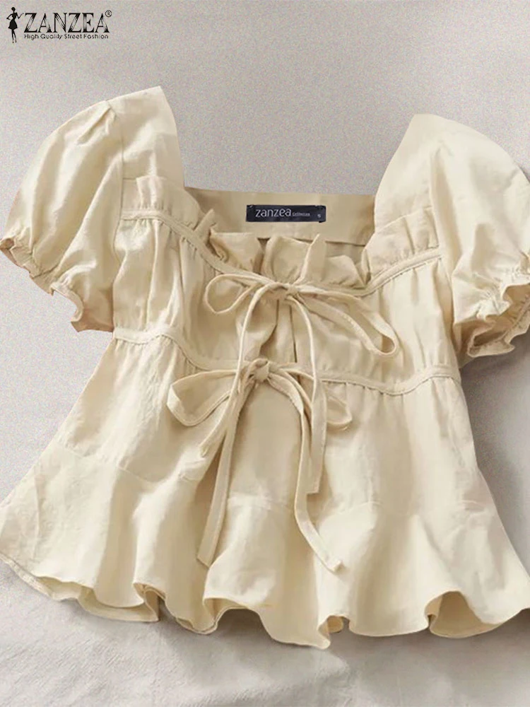 

ZANZEA Women Square Collar Blusas Holiday Summer Short Tops Fashion Solid Color Bowtie Blouse Korean Fashion Puff Sleeve Tunics