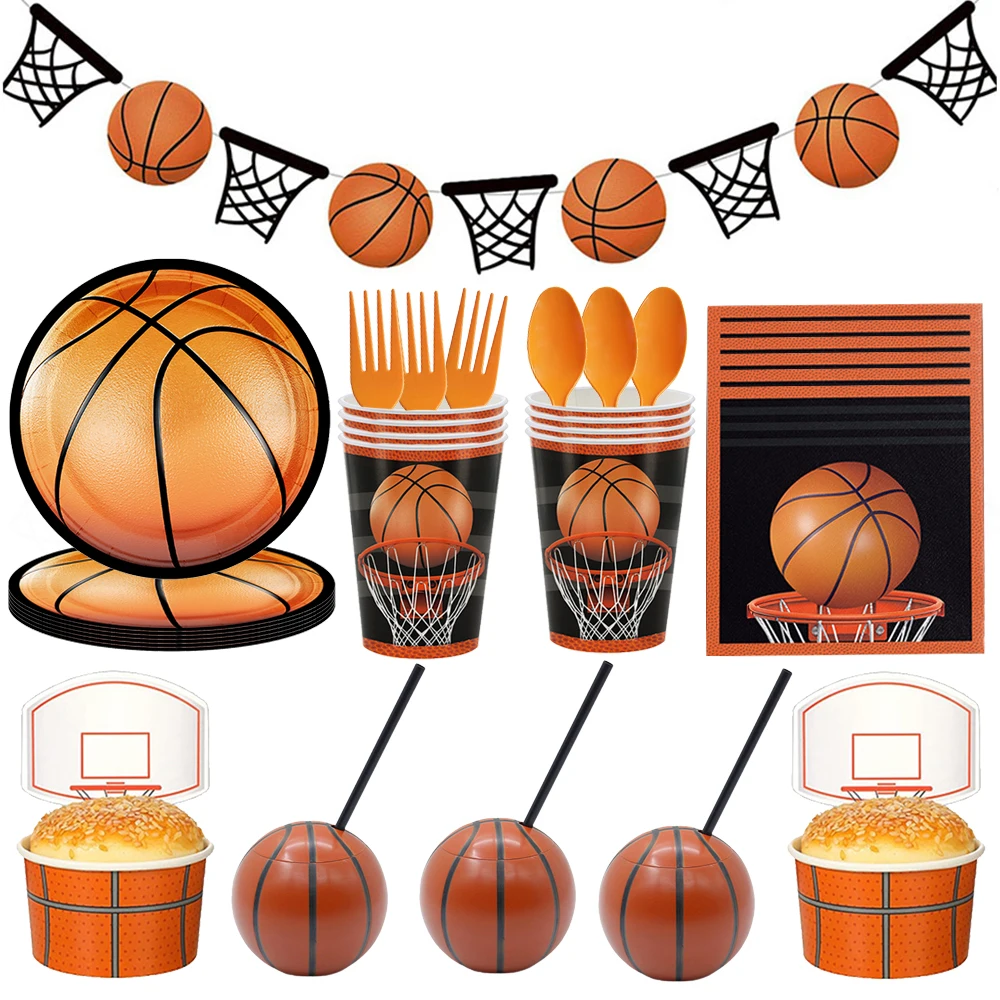 Vaisselle jetable thème basket-ball, assiette en papier, serviettes, pailles, tasse, fournitures de décoration pour fête d'anniversaire sur le thème du sport