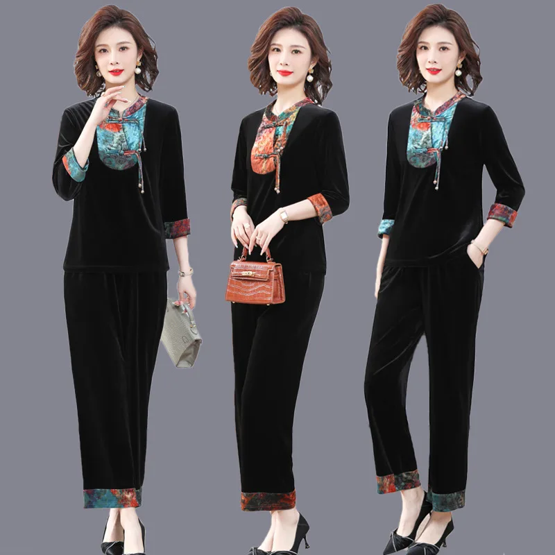 

Autumn New Gold Velvet two-piece set Sets Suit Women's Clothing Vintage Ethnic Style Middle Aged Luxury Sportwear Suits Y2K 5XL