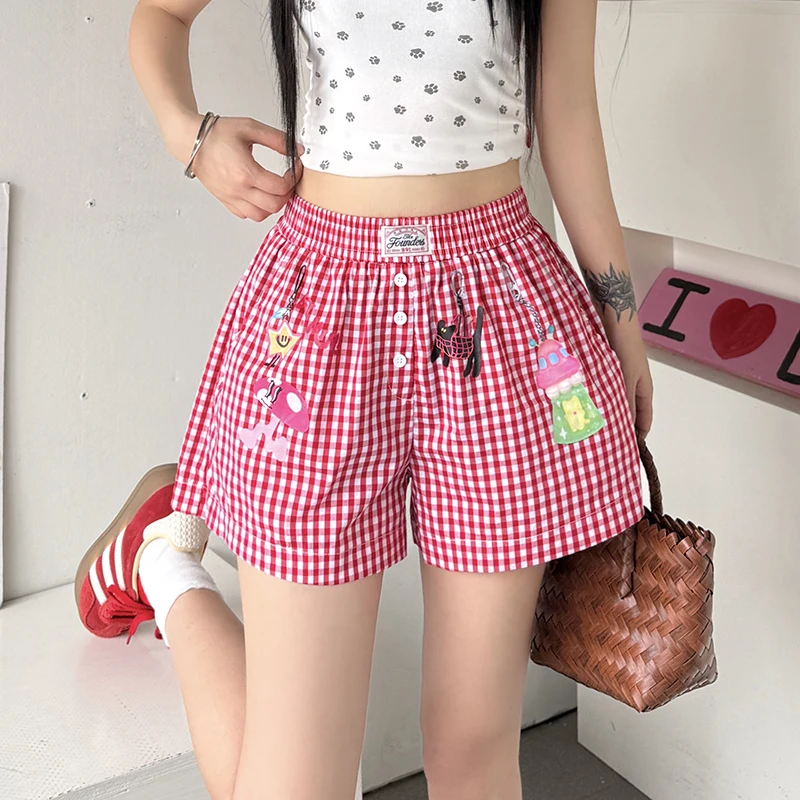 

Женские шорты в клетку с мультяшным принтом, летние пляжные повседневные кавайные прямые шорты для отдыха, свободные милые универсальные модные шорты