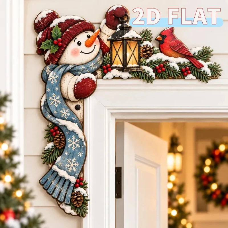 2/1 Piece Snowman Thickened Door Corner Sign, Two-Layer Wooden Door Top Cover, Red Bird Frame Decoration, Rustic Christmas 2D Flat Wooden Sign, Winter Holiday Home Decoration